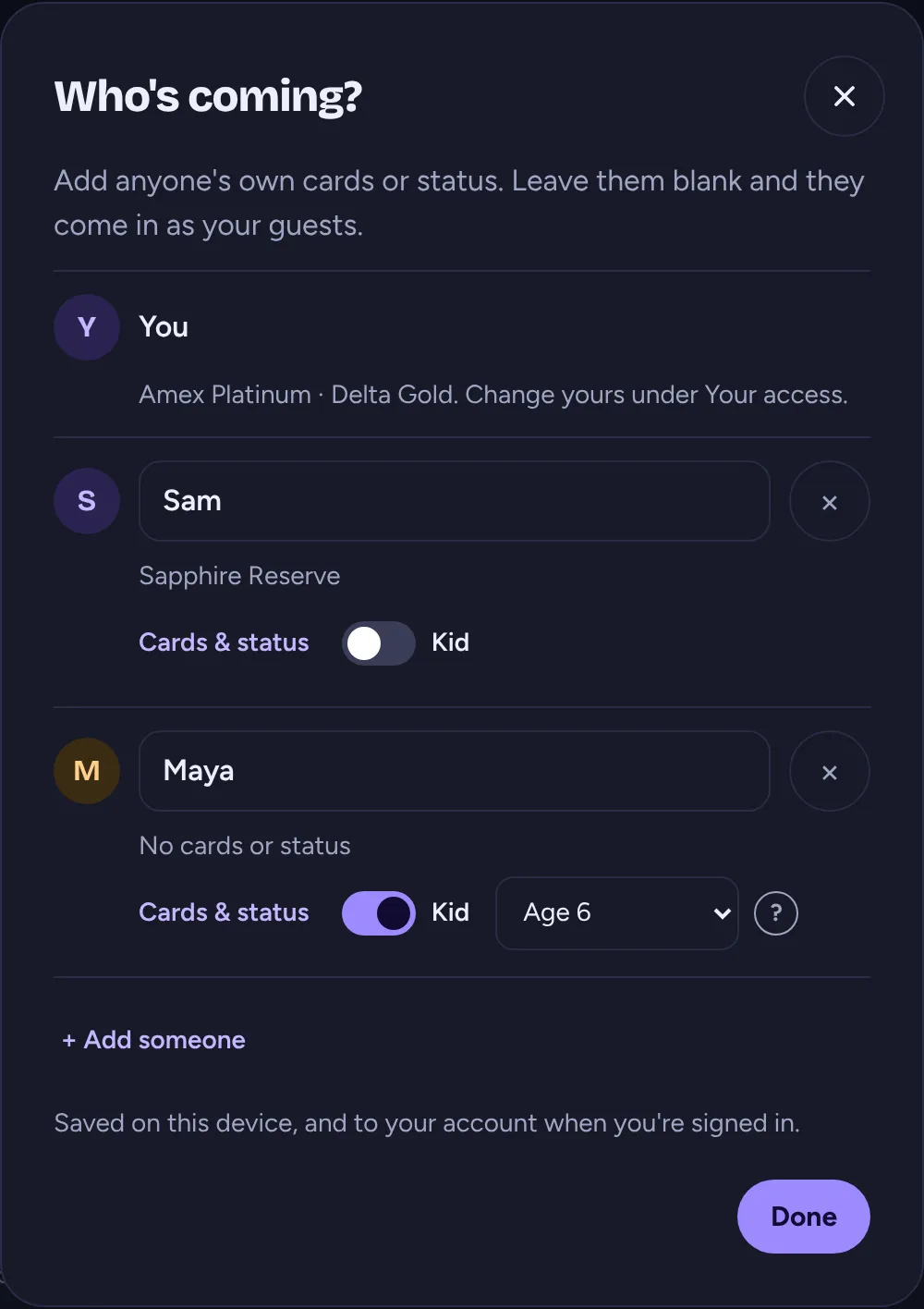 The Who's coming? dialog: you, Sam with a Sapphire Reserve, and Maya marked as a kid, age 6.