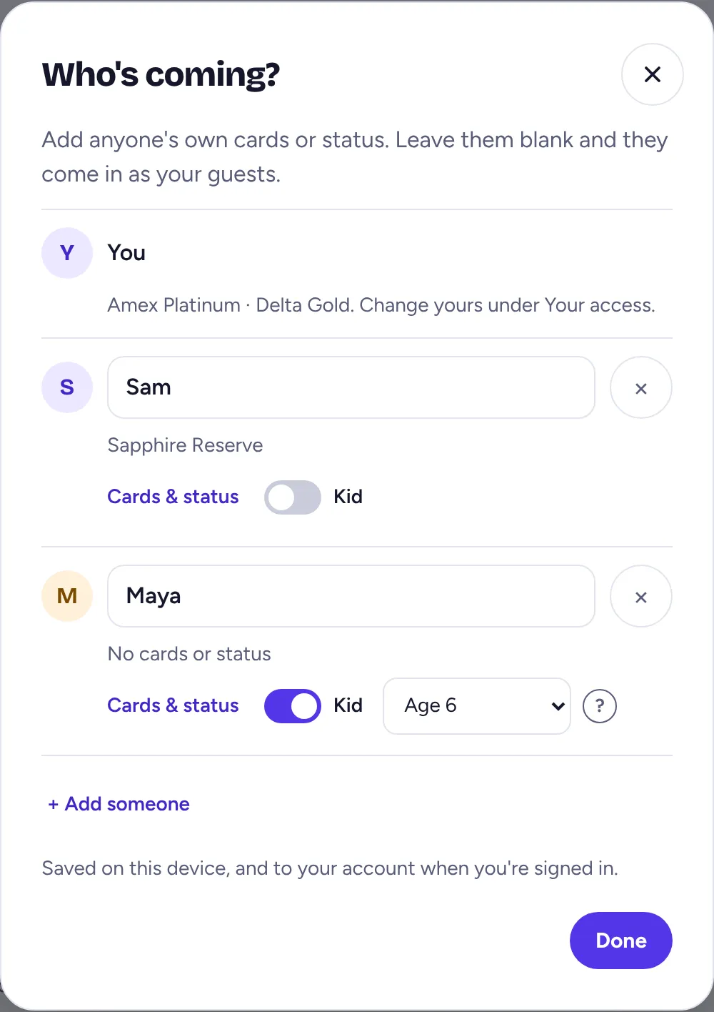 The Who's coming? dialog: you, Sam with a Sapphire Reserve, and Maya marked as a kid, age 6.