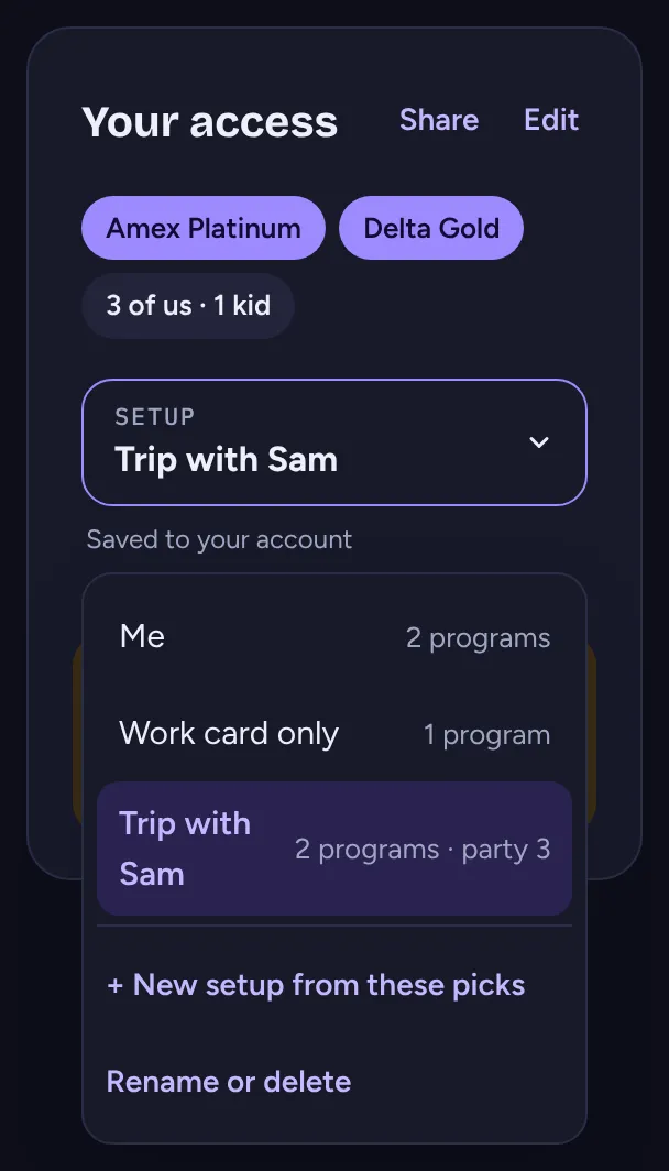 Your access with the setup menu open: Me, Work card only, and Trip with Sam.
