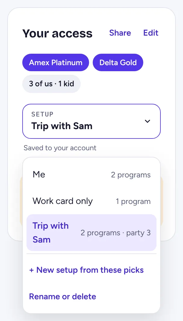 Your access with the setup menu open: Me, Work card only, and Trip with Sam.