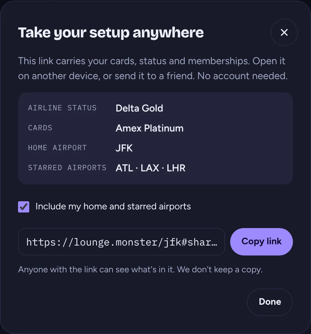 The Take your setup anywhere dialog with the cards, status and airports a link carries, and a Copy link button.