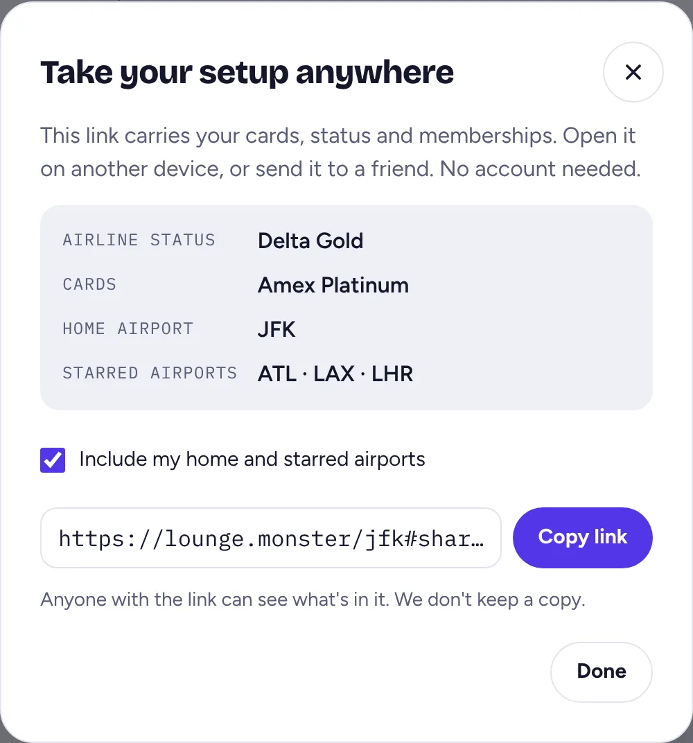 The Take your setup anywhere dialog with the cards, status and airports a link carries, and a Copy link button.